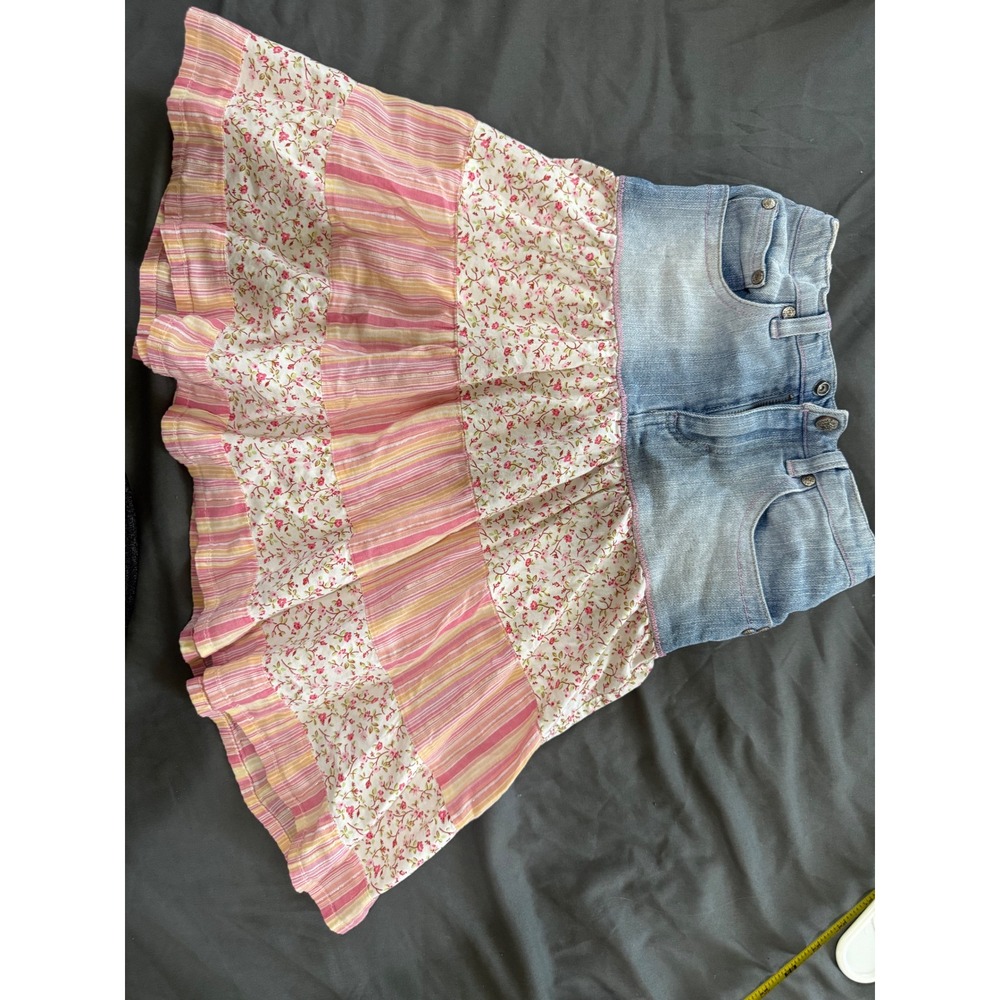 Mudd Girls Denim Patchwork Tiered Skirt Floral Stripe Pink Blue Size 6X MD5137L1